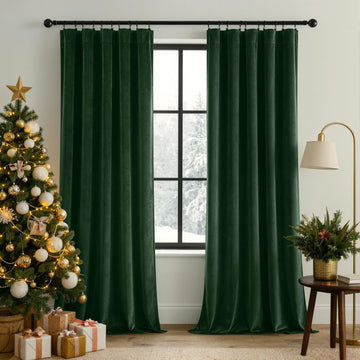 Christmas Hunter Green Velvet Blackout Curtains W40 x L84, 2 Panels