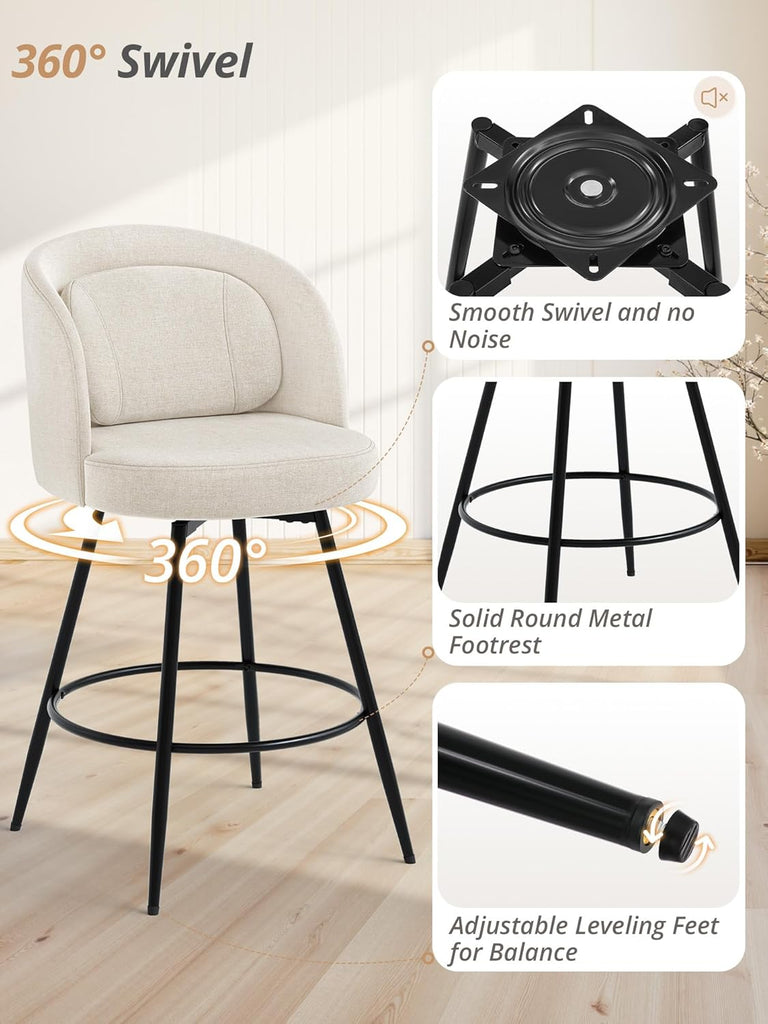 26''H Swivel Bar Stools Set of 3, Counter Height Bar Stools with Backs, Lumbar Pillow and Black Metal Frames