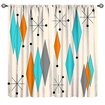 Mid Century Curtains, Mid Century Modern Geometric Atomic Shapes Orange Kitchen Blackout Window Drapes, Retro Style