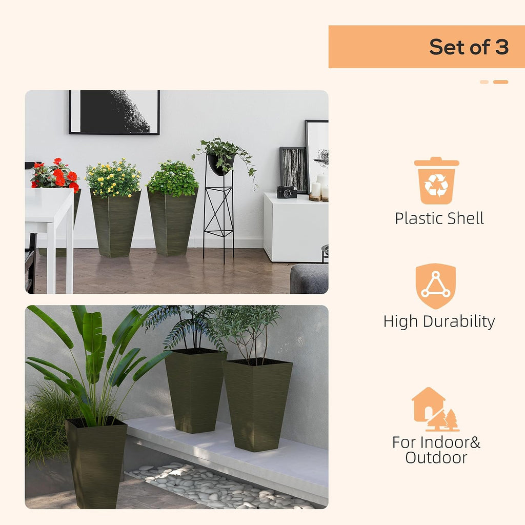 Outdoor Planters,Set of 3 Taper Planters with Drainage Holes and Plug,Faux Wood Flower Pots for