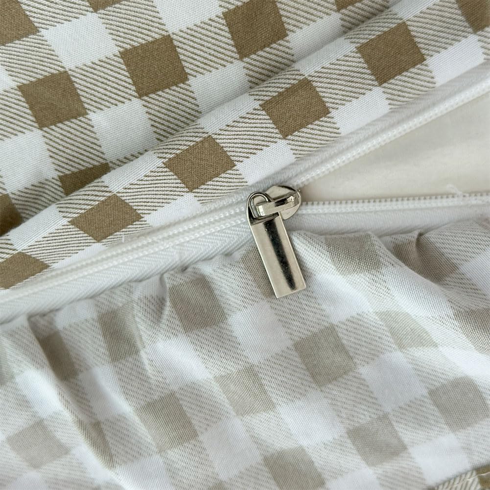 Tan Gingham Ruffle Duvet Cover, 3 Pieces Taupe Soft Pre-Washed Microfiber Checked Plaid Comforter Cover Set