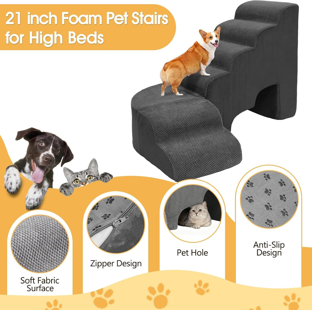 Dog Stairs for High Beds, 6 Steps Soft Foam Pet Stairs for Bed 27-30 inches, L Shaped Dog Steps