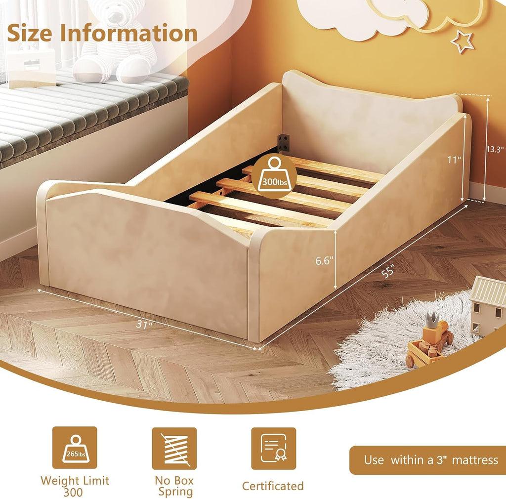 Toddler Bed, Floor Bed with Safety Guadrail, Montessori Toddler Bed with Animal Ear Shapes, Soft Velvet Wood Bed for