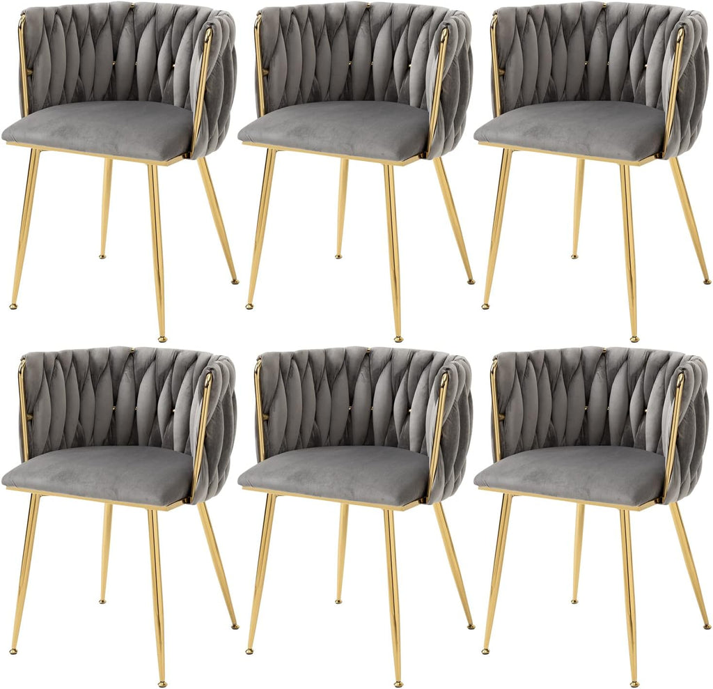 Woven Velvet Dining Chairs Set of 6, Upholstered Accent Chairs with Gold Metal Legs, Modern Dining Room Chairs, Grey