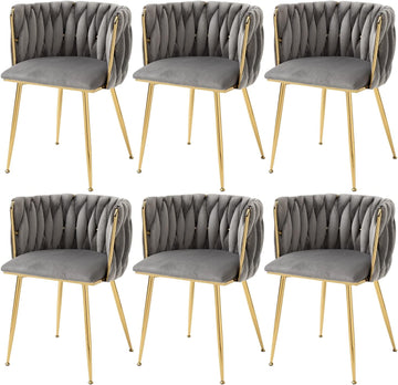 Woven Velvet Dining Chairs Set of 6, Upholstered Accent Chairs with Gold Metal Legs, Modern Dining Room Chairs, Grey