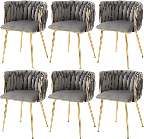 Woven Velvet Dining Chairs Set of 6, Upholstered Accent Chairs with Gold Metal Legs, Modern Dining Room Chairs, Grey