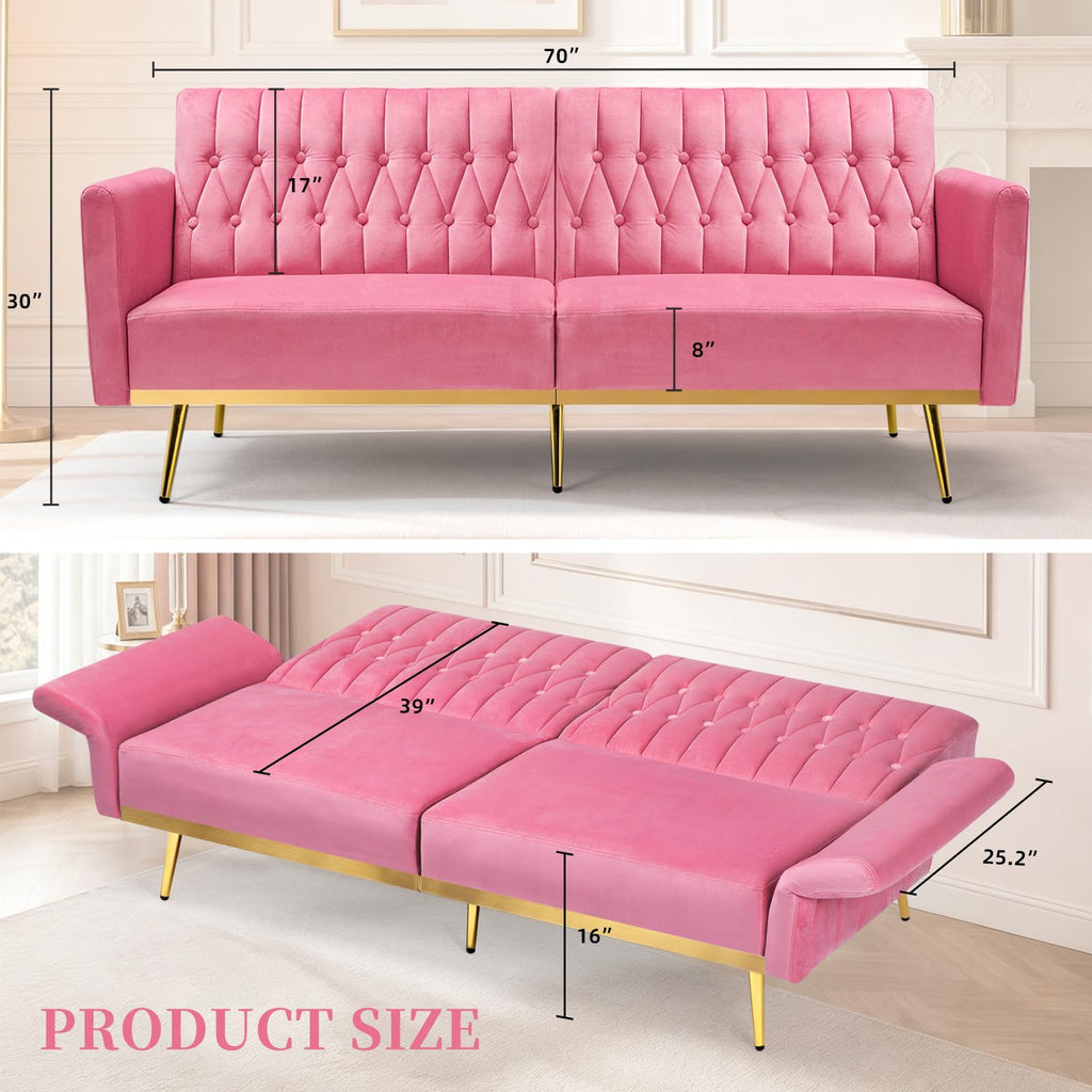 70" Futon Sofa Bed w/Adjustable Armrests, Pink