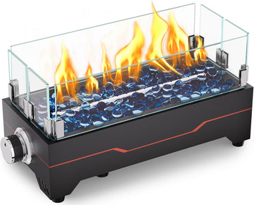 15 Inch Table Top Propane Fire Pit, 30,000 BTU Rectangular Tabletop Firepit with Glass Wind Guard & Carry Bag