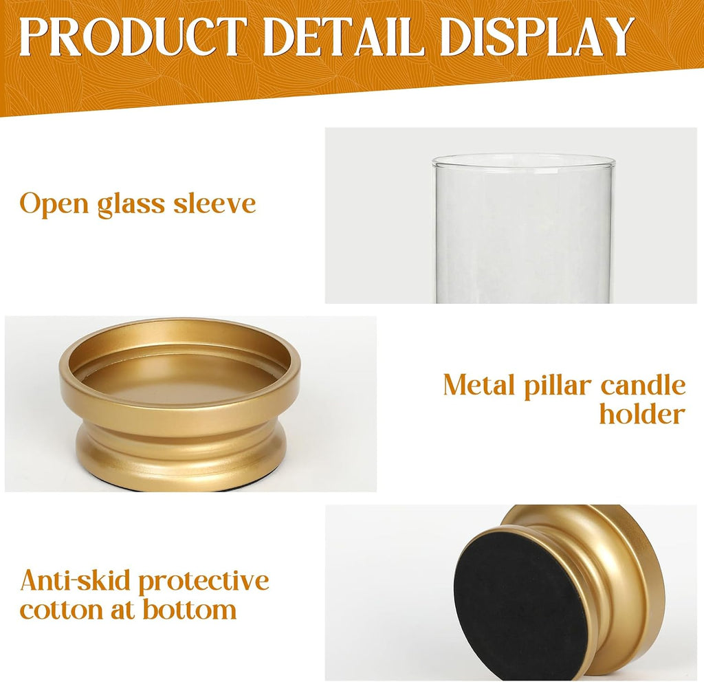 Gold Hurricane Candle Holders Set of 2 with Glass - Modern Pillar Candle Stands for Fireplace Mantel, Dining Table
