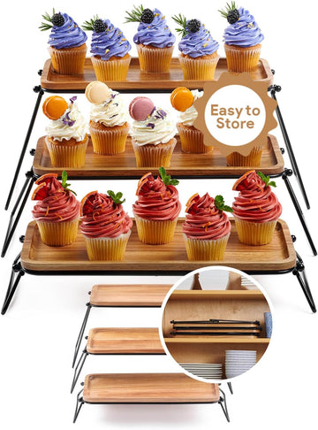 3 Tiered Tray Stand - Acacia Wood 3 Tier Serving Tray, Cupcake, Cake, Charcuterie Boards & Food Stand, Dessert Table
