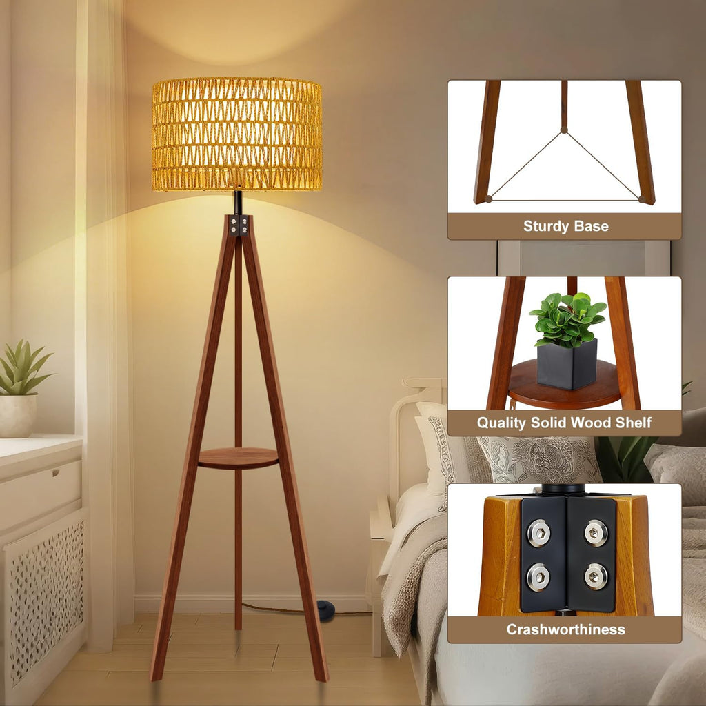 Rattan Wood Floor Lamp Tripod with Shelves, Mid Century Modern Floor Lamps, 3 Color Temperatures with Foot Switch