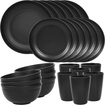 24 Piece Plates and Bowls Sets for 6, Unbreakable Dinnerware Sets, Dish Set for Camping, Dishwasher Microwave Safe