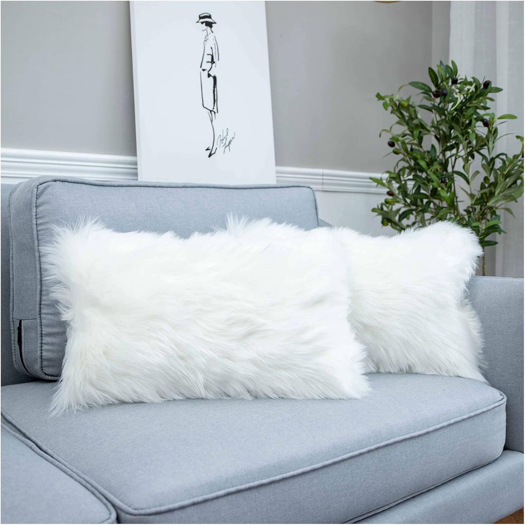 Decorative Lumbar Soft Faux Fur Throw Pillow Cover Luxury Series Rectangle Plush Pillow Case Cushion Cover, White)