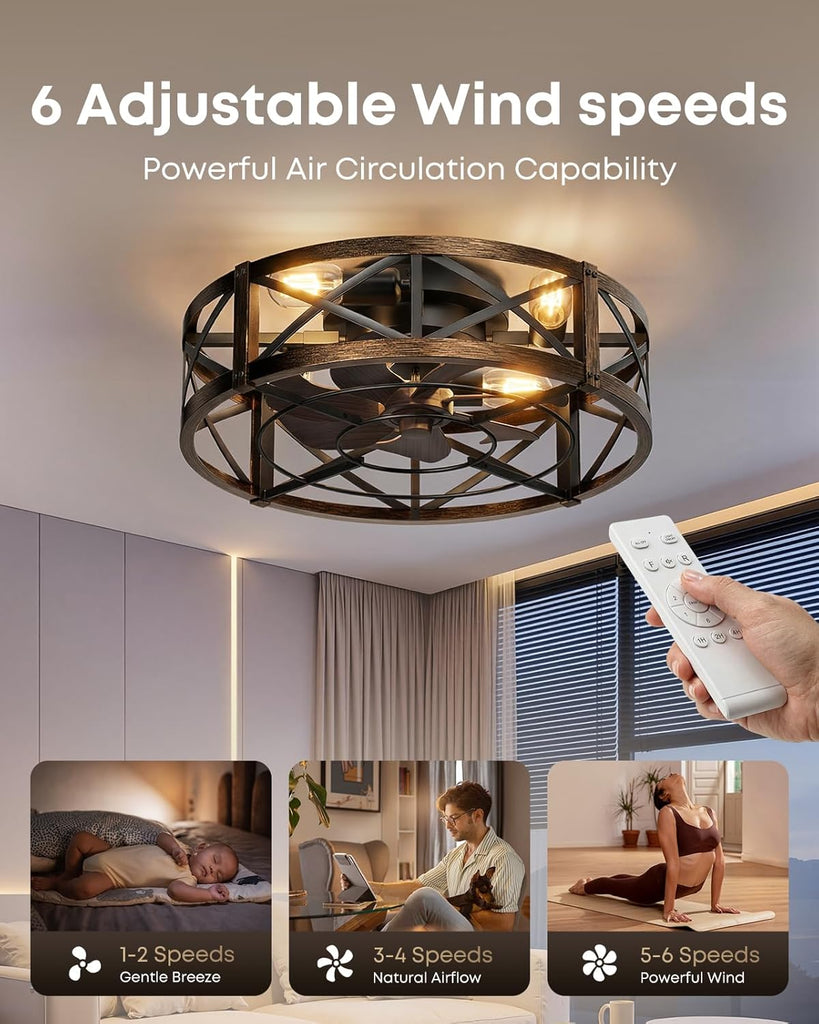 Caged Ceiling Fan with Light and Remote, 20" Low Profile Flush Mount Ceiling Fans with Light, 6 Speed, Timing