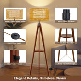 Boho Tripod Floor Lamp with Shelf, Double Lampshades Mid-Century Standing Lamps
