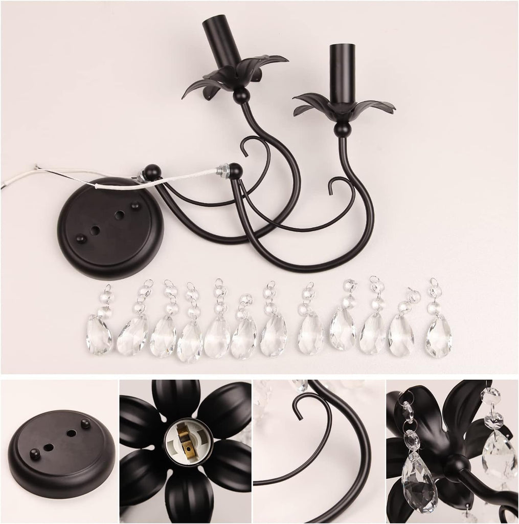 2-Light Vintage Crystal Wall Sconce, Antique Wall Lights with Black Finish for Bedroom Bedside Living Room, Victorian