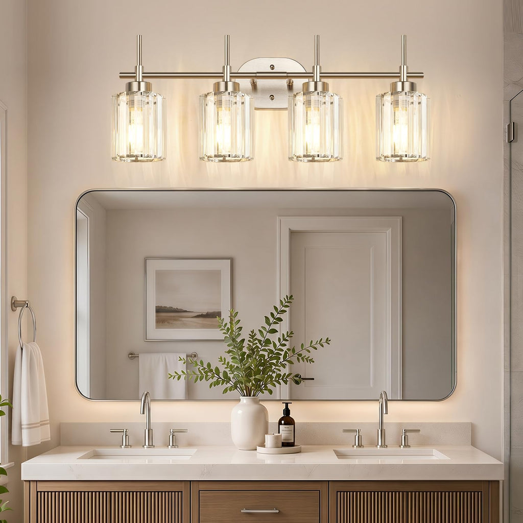 Modern Crystal Vanity Light Fixtures, 4-Light Brushed Nickel Bathroom Vanity Lighting Over Mirror, Bathroom Light