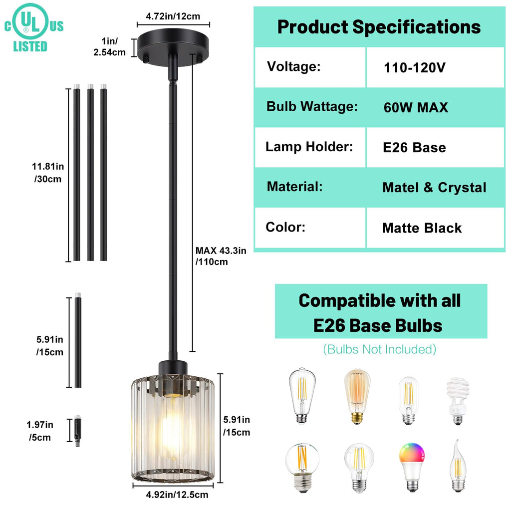 3 Pack Pendant Light Fixtures, Modern Black Pendant Lights Kitchen Island, Mini Pendant Lighting with Crystal Shade
