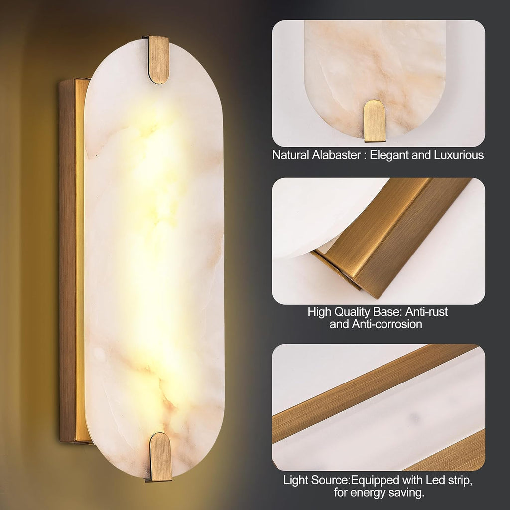 14.17in Alabaster Wall Sconces, Natural Marble Wall Light Set of Two, Modern LED Alabaster Sconces for Living Room