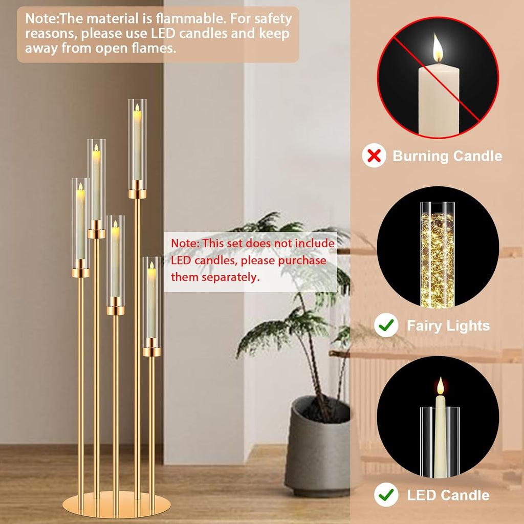 10 Sets 5 Arms Acrylic Candelabra for Tables,42'' Tall Candlesticks Holder with Lampshade,Wedding Centerpieces,Gold