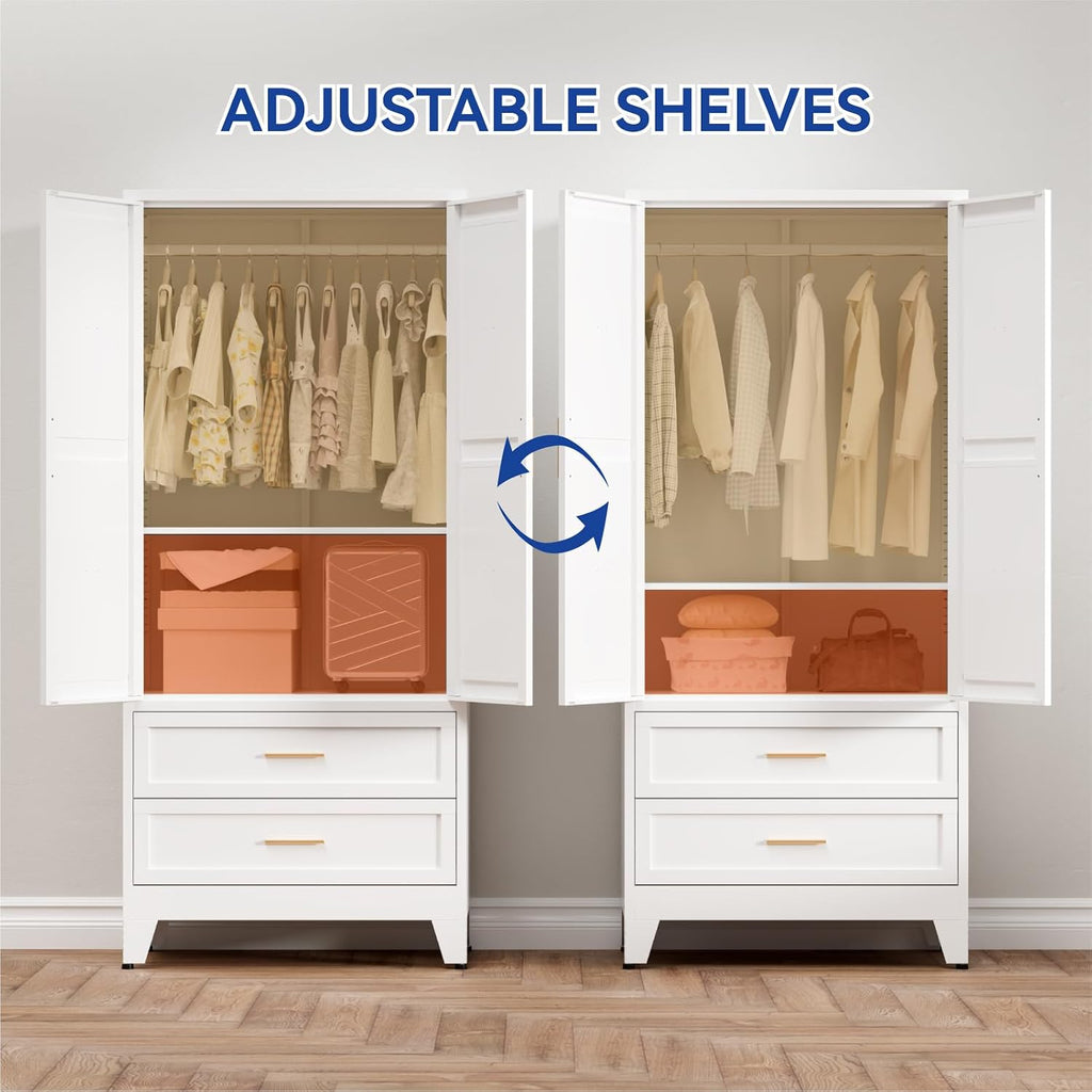 Metal Armoire Wardrobe Closet with Drawers, 71'' Tall Farmhouse Bedroom Armoires with Doors, Freestanding Steel