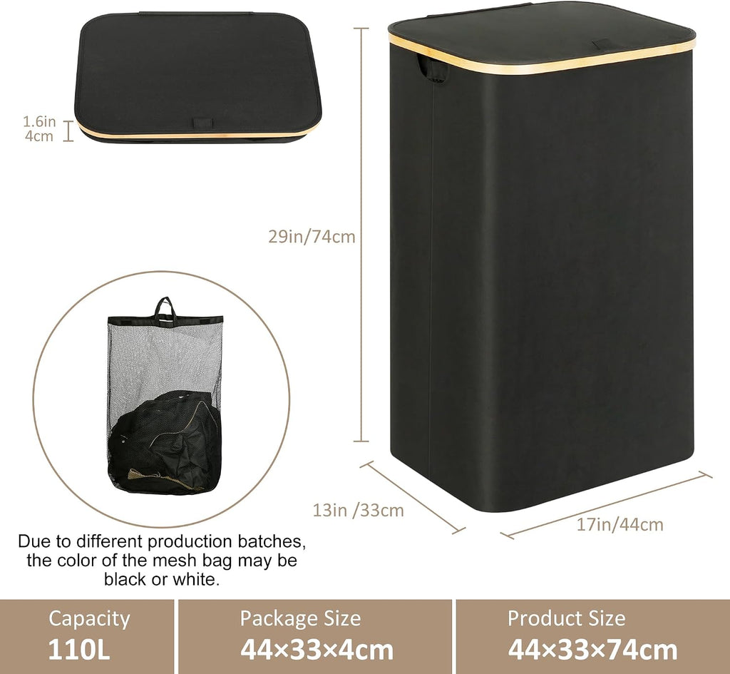 Laundry Hamper with Lid, 110L Laundry Basket with Bag,Black | Dirty Clothes Hamper Basket with Bamboo Handle for