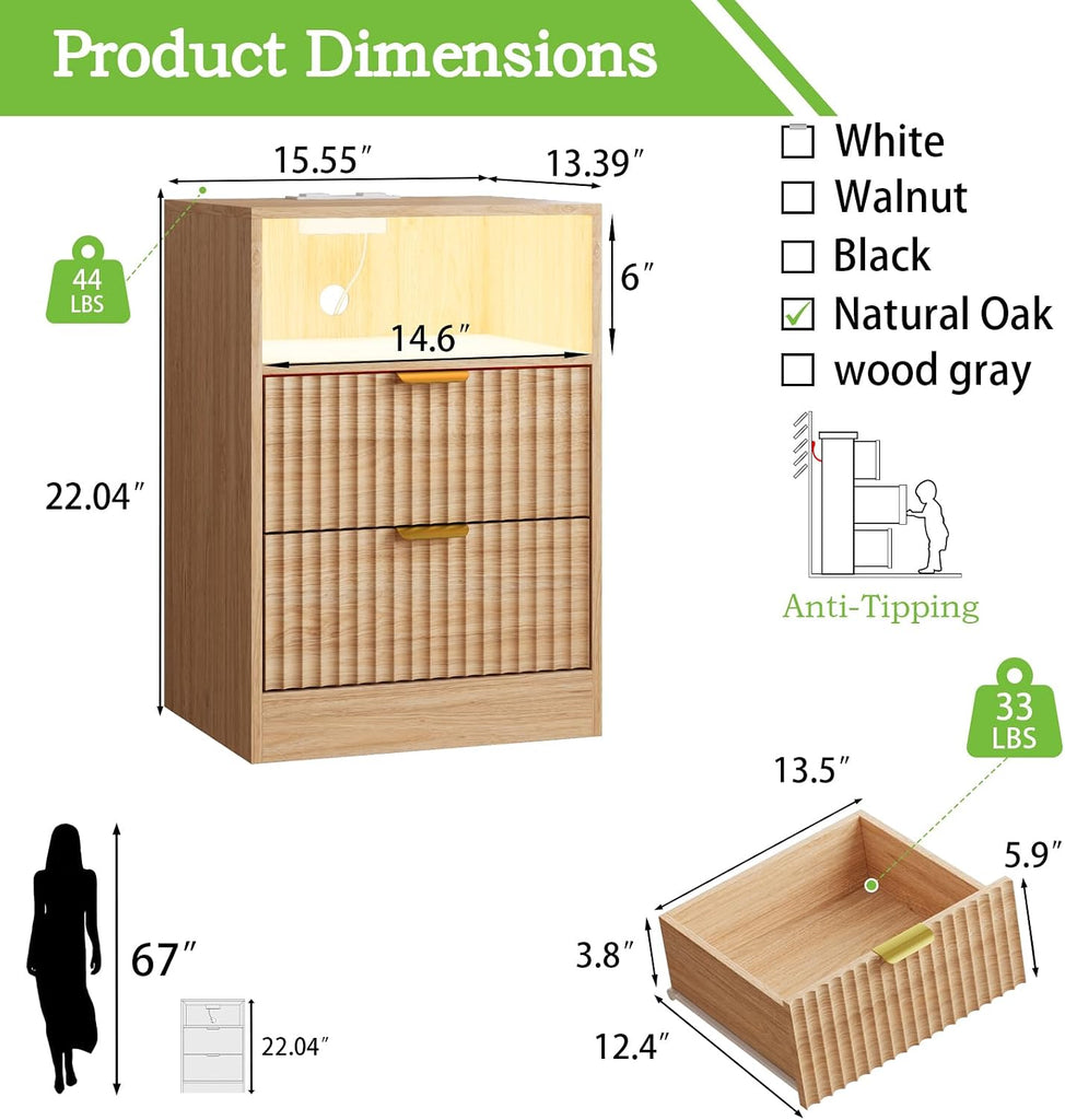 Night Stand Set 2, LED Nightstand with Charging Station, Fluted Nightstands Set of 2 with 2 Drawers, Wood Side Table