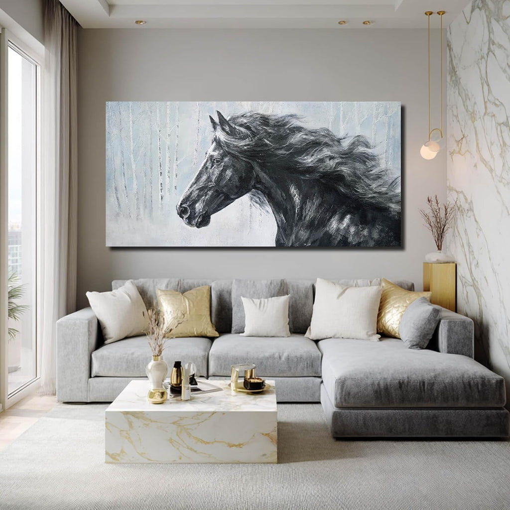 Extra Wide Panoramic Horse Canvas Wall Art, Black and White Equine Portrait Artwork, Misty Birch Forest, Rustic