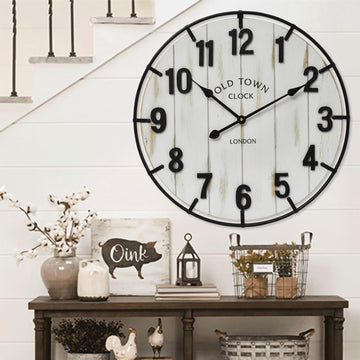 Large Old Town Farmhouse Wall Clock - 24 Inches Rustic Antique Wood with Metal Circle and Large Numerals, Silent