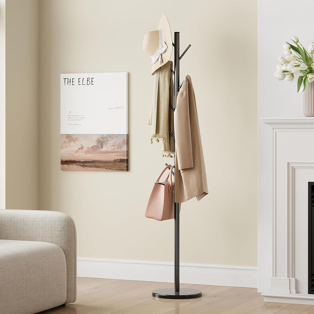 Coat Rack Freestanding, Metal Coat Rack with Natural Marble Base | 10 Hooks, 3 Adjustable Heights, Heavy Duty Coat