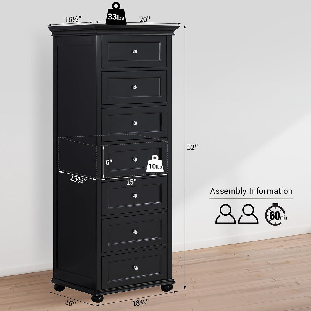 Tall Black Dresser with 7 Drawers, 52" Tall Skinny Dresser | Modern Black Tall Chest of Drawers Dresser,Wooden