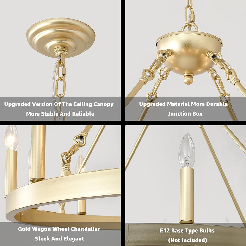Inspired Camino Style Chandelier - Gold Wagon Wheel Chandelier Farmhouse 32-Inch, 12-Light Modern Gold Chandelier for Dining Room, Round Iron Industrial Chandeliers Light Fixture for Living Room, Foyer, Entryway, E12