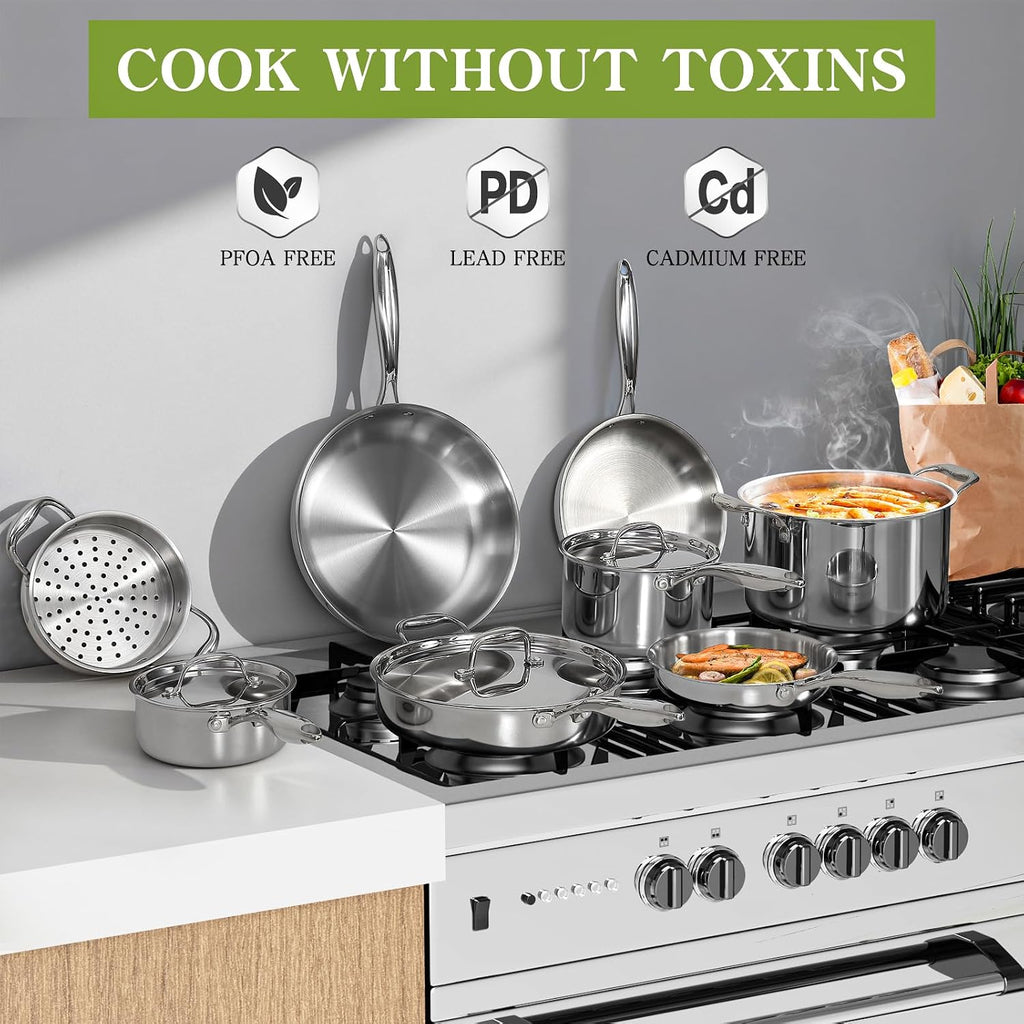 Triple Ply Stainless Steel Pots and Pans Set, 12 Piece Induction Cookware Set, Oven Dishwasher Safe | Frying Pans
