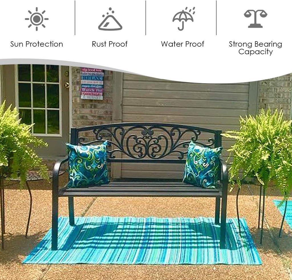 50" Patio Garden Bench, Loveseats Park Yard Furniture, Black Steel Cast Iron Frame Chair, Metal Bench Outdoor with