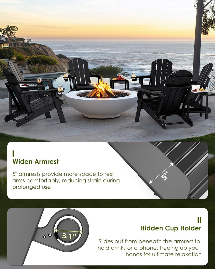 Folding-Adirondack-Chairs Set of 2, HDPE All Weather, Black | Hidden Cup Holder | 5" Wide Armrests | Foldable Fire