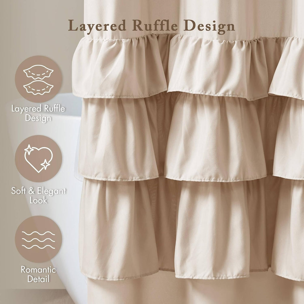 Grace Ruffle Shower Curtain , 72"x 72", Beige | Farmhouse Cottage Top, Machine Washable, Shabby Chic Ruffled Decor