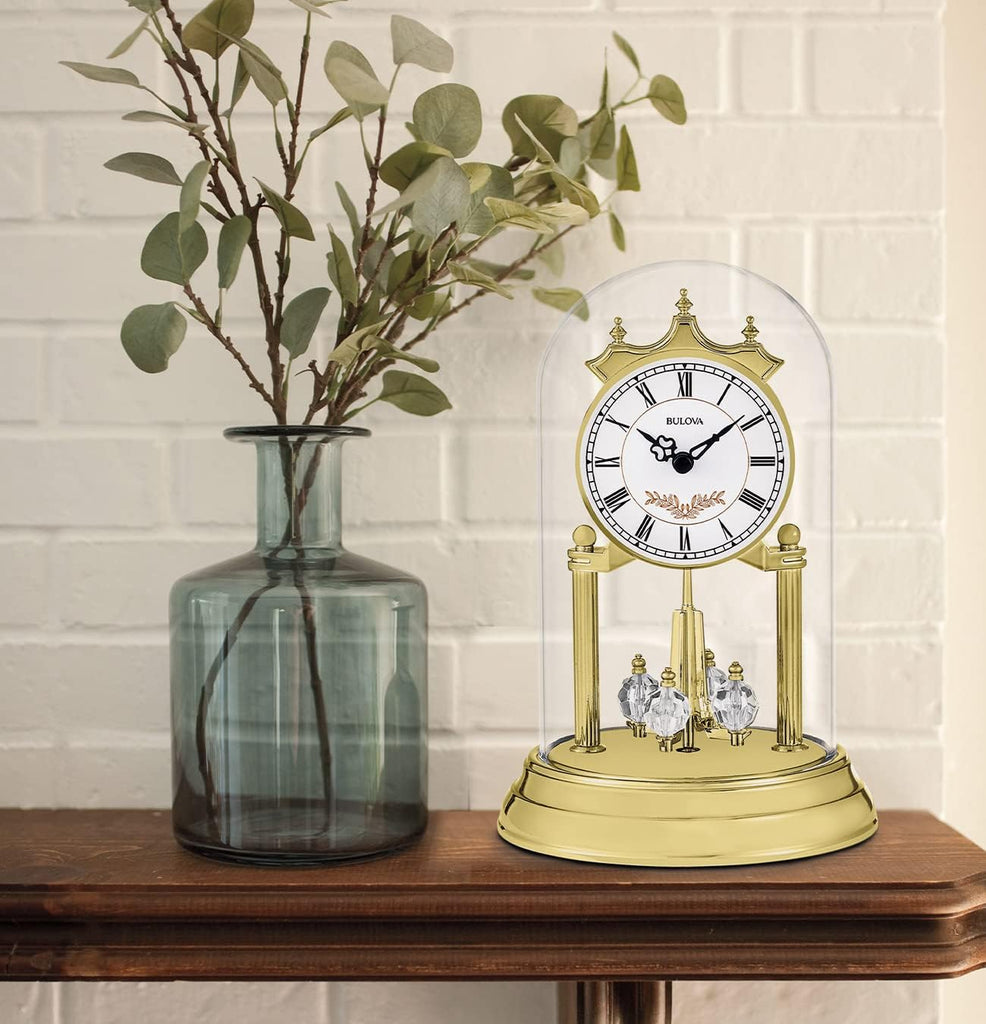 Bulova B8821 Heather Anniversary Clock - 9" Glass Dome Design - Rotating Crystal Pendulum - Westminster Chime - Engraving Plate