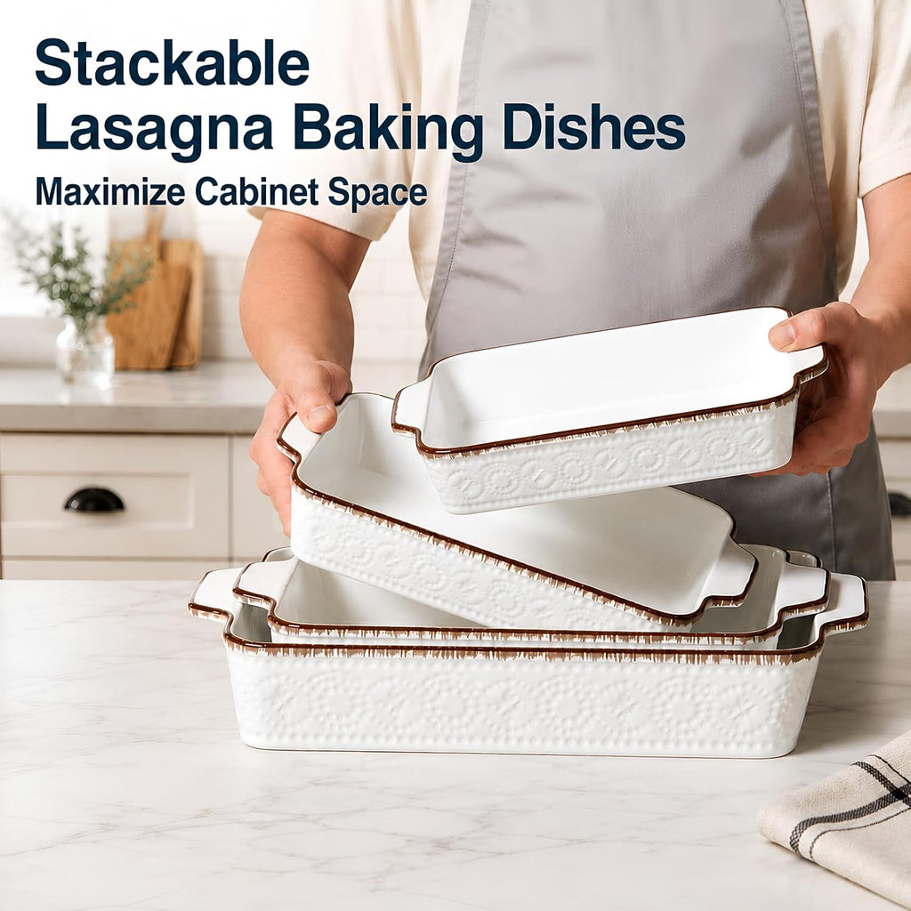 Casserole Dishes for Oven, Ceramic Dish Set of 4, Non-Stick Lasagna Pans with Handles, Rectangular Bakeware Set for