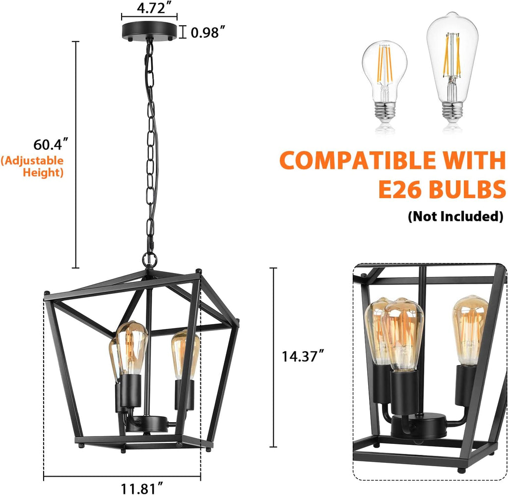 Black Lantern Pendant Light, 3 Lights Farmhouse Chandelier Fixture with Metal Cage, Adjustable Height Industrial Hanging Lights E26 Base for Kitchen Island, Bedroom, Entryway, Foyer