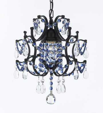 CHANDELIER WROUGHT IRON CRYSTAL CHANDELIERS H14" W11" - DRESSED WITH SAPPHIRE BLUE CRYSTAL - J10-B82/26030/1