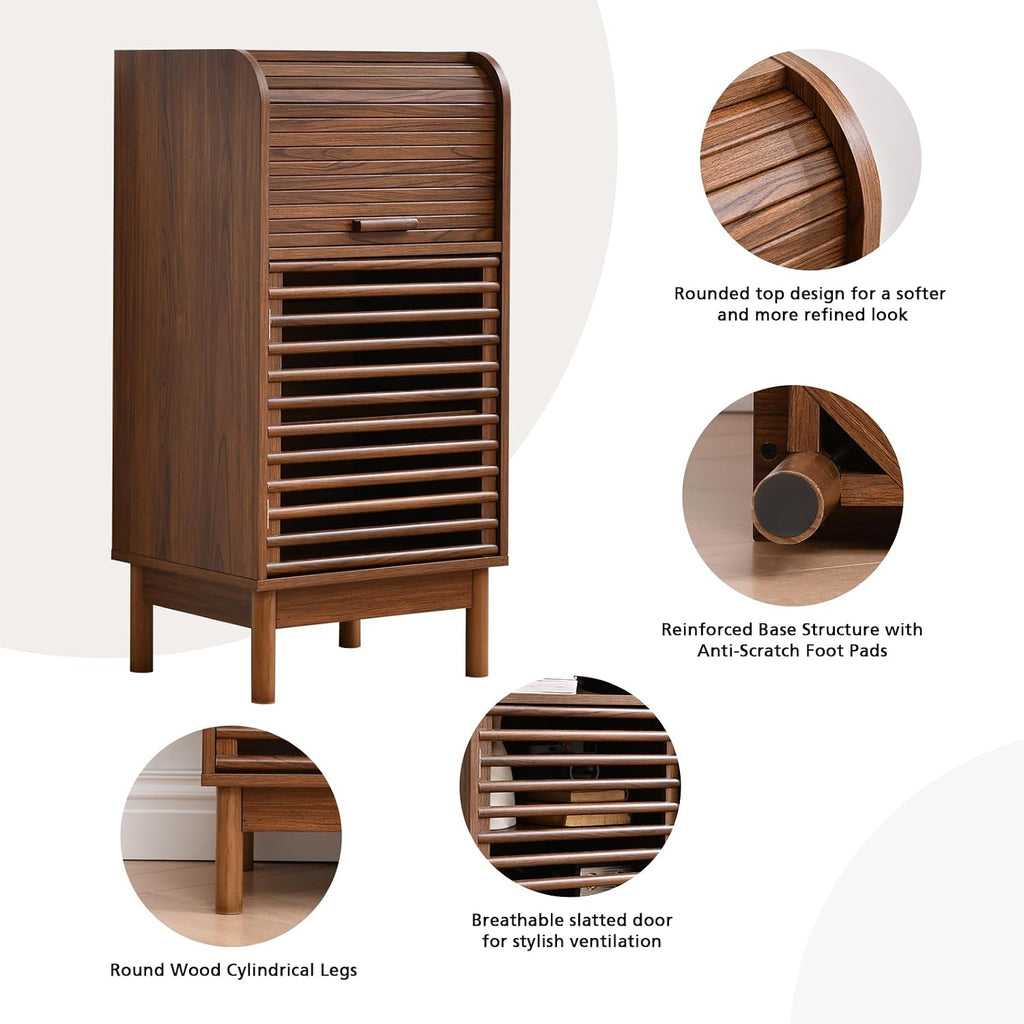 Modern Single-Door Accent Cabinet with Curved Roll-Top and Slatted Door Design, Tall Narrow Storage Cabinet , or Home