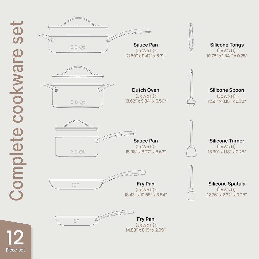 12-Piece Ceramic Cookware Set, Nonstick Pots and Pans Set, Non-Toxic PTFE & PFAS-Free Cookware with Silicone