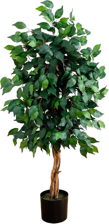 4 ft Artificial Triple Trunk Ficus Tree with Pot | Natural Wood Trunks, Silk Tree with Dense Foliage, Mid-Size Faux
