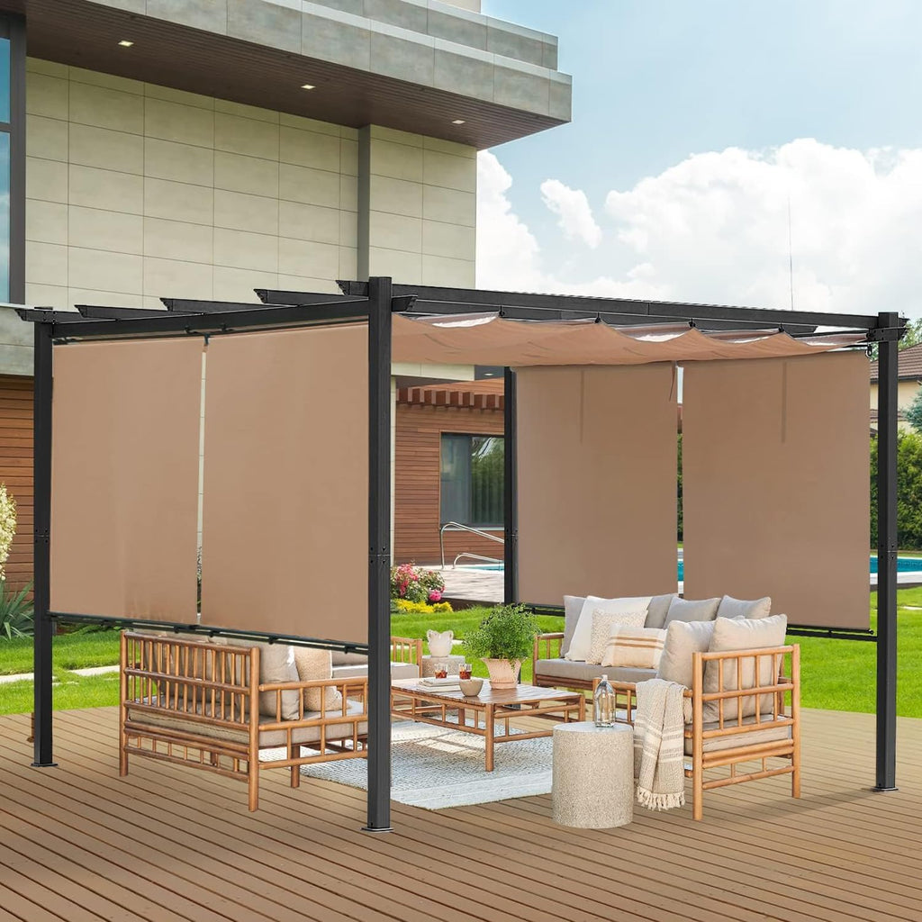 12 x 12 ft Outdoor Pergola with Retractable Shade Canopy, Matte Aluminum Frame, 4 Roller Shade Curtains