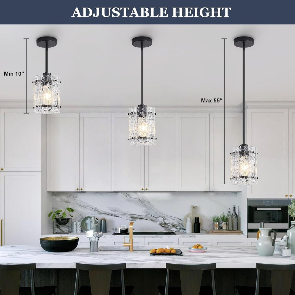Black Glass Pendant Lights Kitchen Island, Water Ripple Round Pendant Lights Adjustable Modern Hanging Pendant Light