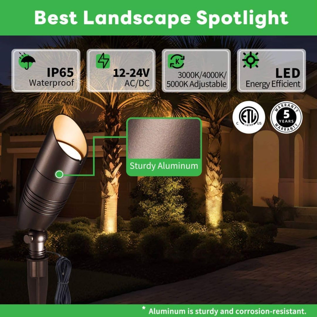 Low Voltage Spotlight, 3CCT 3000K/4000K/5000K Adjustable, Outdoor 12V LED Landscape Lighting, Waterproof IP65 ORB
