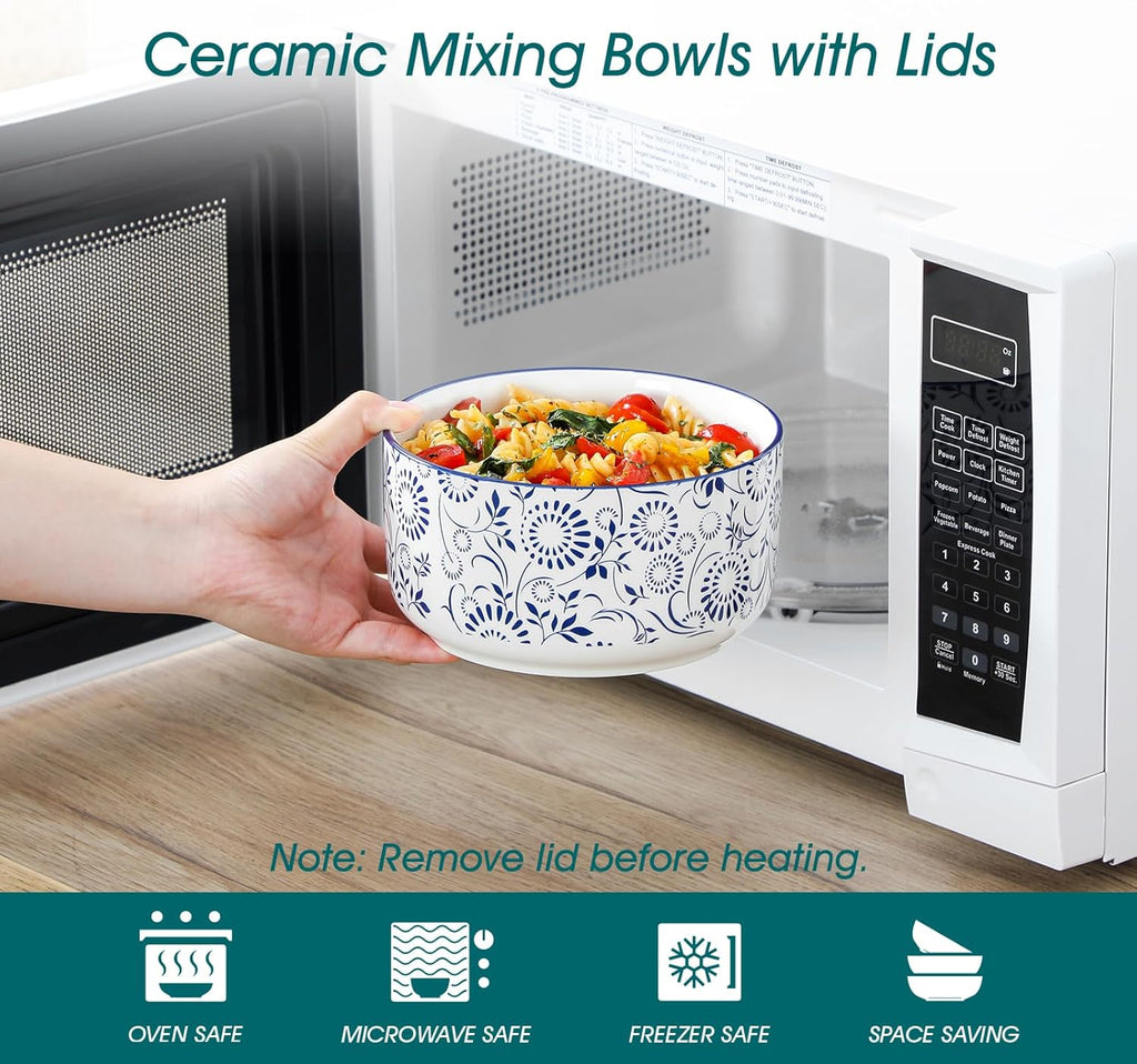 Ceramic Nesting Bowls with Lids Set of 4, Serving Bowls for Food Storage, Prep Bowl, Ceramic Bowl , Microwave &
