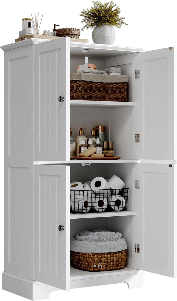 Bathroom Floor Cabinet with Adjustable Shelves | Bathroom Storage Cabinet, 4 Doors, Freestanding Cupboard , White