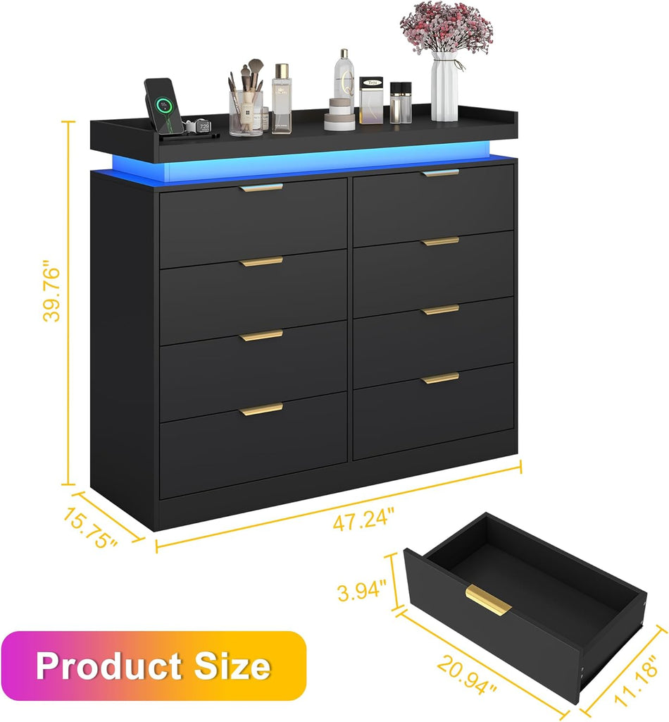 8 Drawer Dressers , Black Dresser with LED Lights and Power Outlet, Wood LED Dresser, Double Wide Modern Chest of