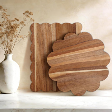 Acacia Wood Scalloped Cutting Boards Set, Decorative Wooden Charcuterie Boards with Handle for Cheese Pizza Meat